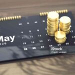 2026 May Calendar And Coins. Finance And Economy Concept.