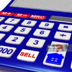 Concept of Real Estate. Calculator with House icon and words BUY, SELL