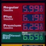 A sign with gas prices.