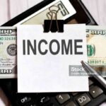 White paper with text Income with dollars on calculator with pen