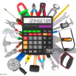 Tools with calculator, 3D rendering isolated on white background