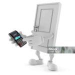 Door character using calculator isolated on white background. 3d illustration