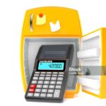Open fridge with calculator isolated on white background