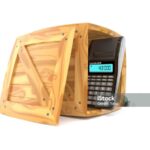 Calculator inside cargo crate isolated on white background. 3d illustration