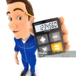 3d mechanic holding calculator, illustration with isolated white background