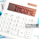 Text INCOME. Calculator, pen and charts, documents and graphs.
