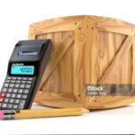Crate with calculator and pencil isolated on white background. 3d illustration