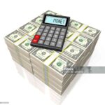 3D illustration with a calculator and US dollars - on white background.