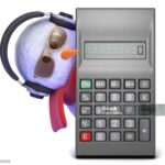 3d render of a snowman in headphones peeping round a calculator