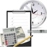 Dollars, Note and Pen, Classic Office Clock and Calculator.
