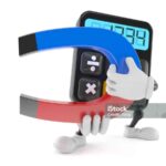 Calculator toon holding magnet isolated on white background