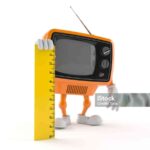 Retro TV character holding ruler isolated on white background. 3d illustration
