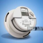 Modern digital electric meter 3d render on blue