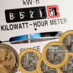 Electricity meter with Euro coins energy cost.